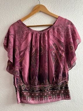 Y2K LOLLOL Women's Pink Printed Flutter Sleeve Top Semi Sheer 2XL